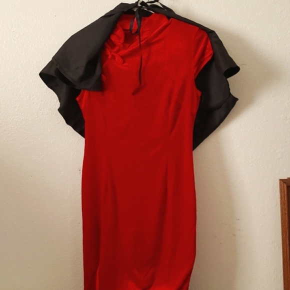 Red Stretch Velvet Cheongsam Dress with Black Hooded Caplet/Cowl Costume SZ XL - Picture 1 of 8